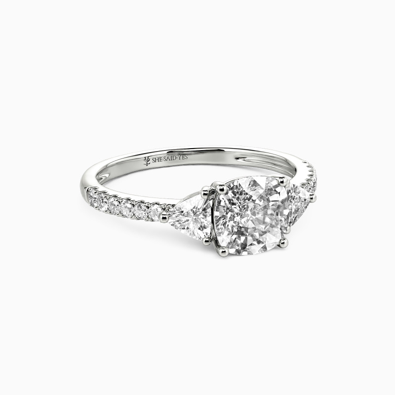 "The Light of My Life" Cushion Cut Three Stone Engagement Ring