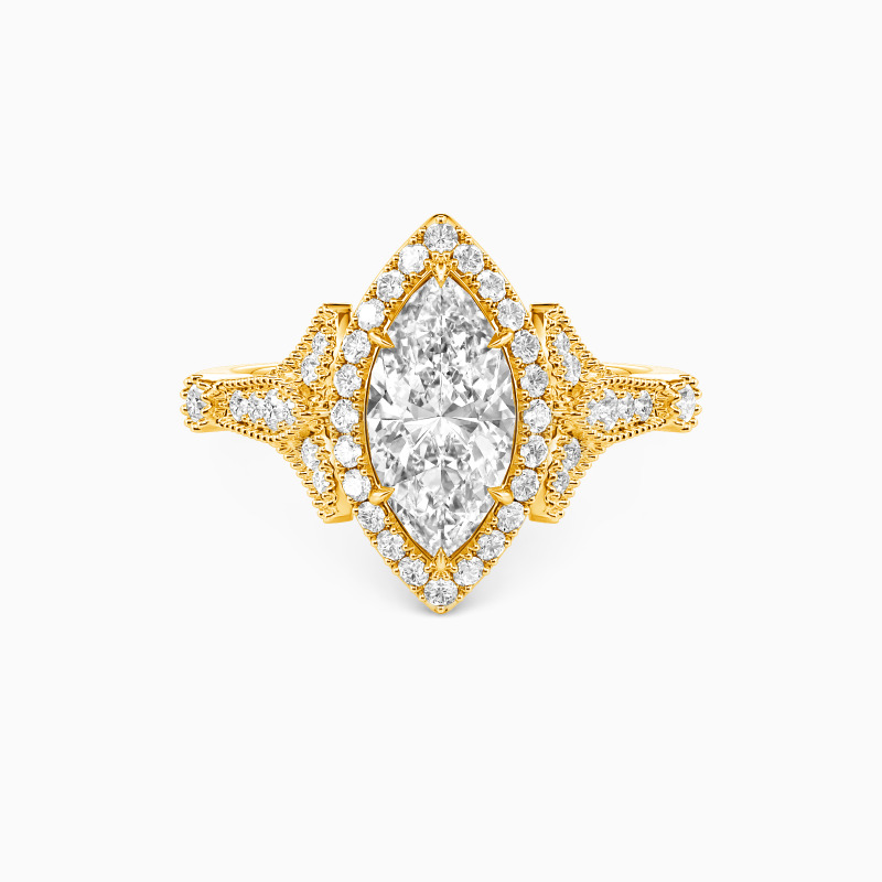 "Tausend Goldene Tage" Verlobungsring mit Marquise-Schliff und Halo