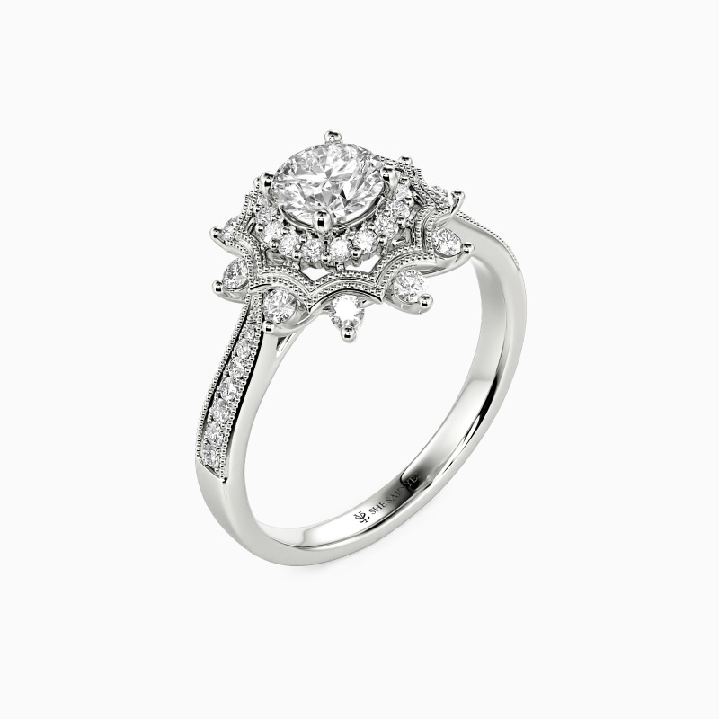 "Winter Love" Snowflake Round Cut Halo Engagement Ring