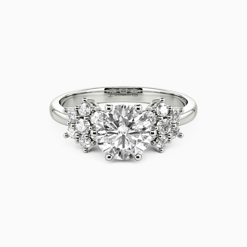 "The Whisper Of Snows" Round Cut Side Stone Engagement Ring