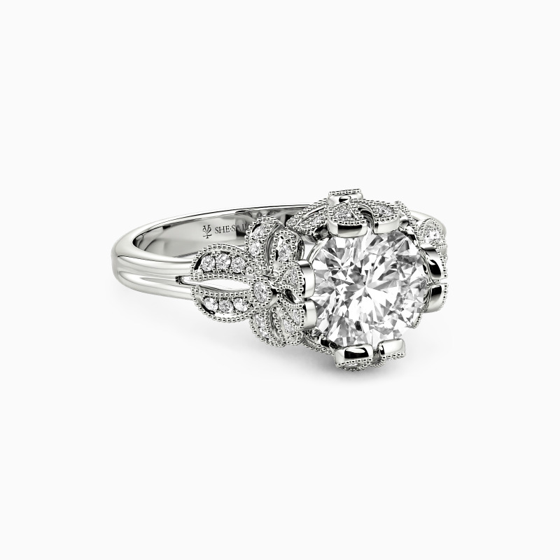 "No More Farewell" Round Cut Side Stone Engagement Ring
