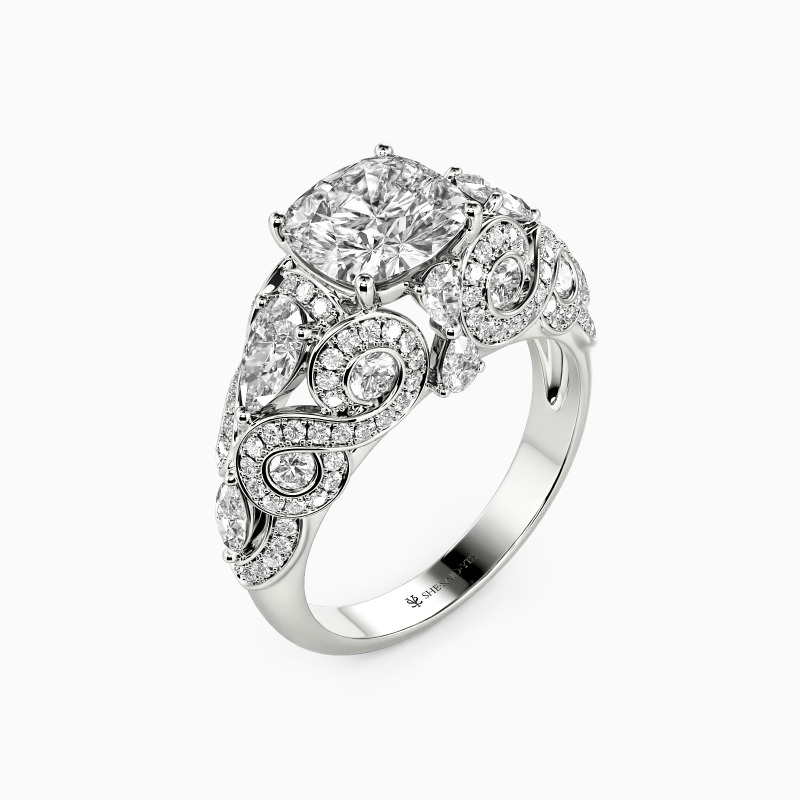 "My Keen Affection" Cushion Cut Side Stone Engagement Ring