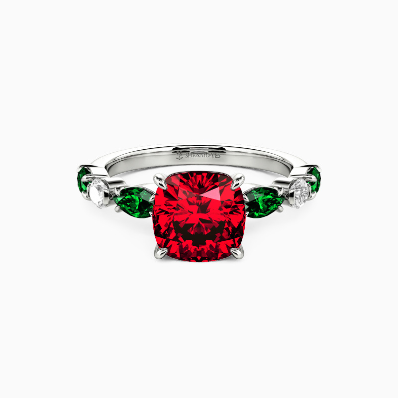 "Treasured Moments" Cushion Cut Side Stone Engagement Ring