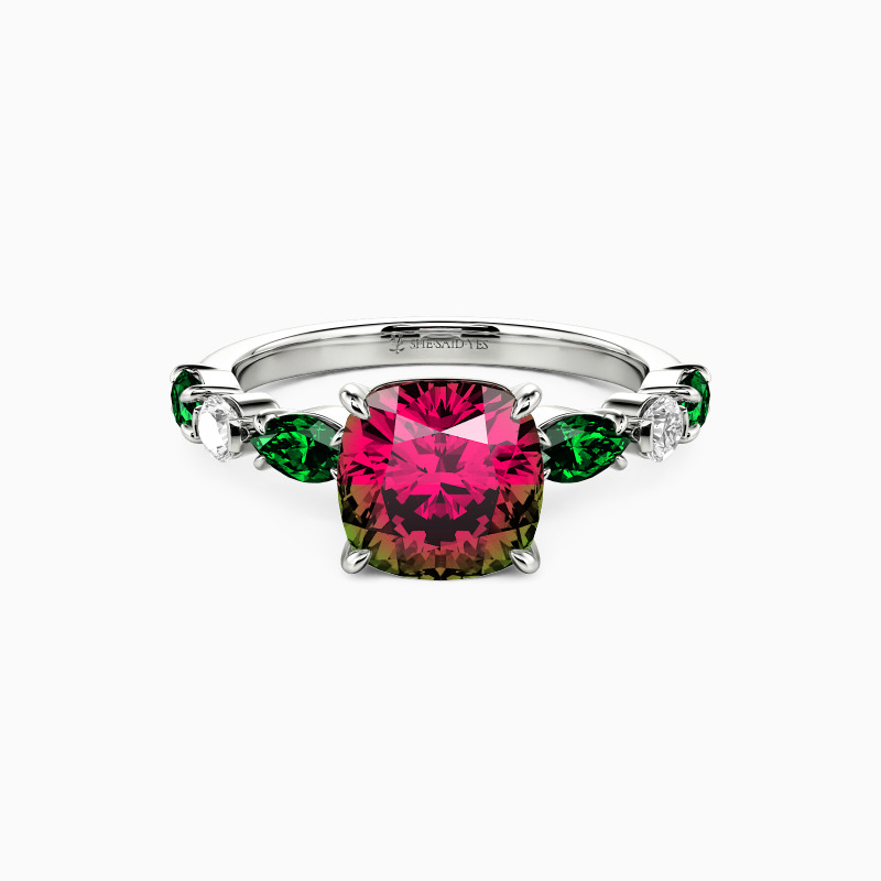 "Treasured Moments" Cushion Cut Side Stone Engagement Ring