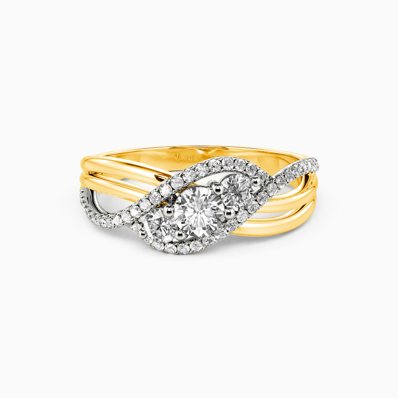"Rainbow Bridge" Round Cut Three Stone Engagement Ring