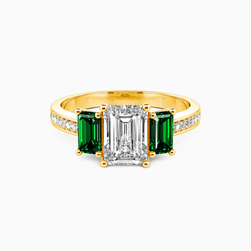 "Beloved Treasure" Emerald Cut Three Stone Engagement Ring