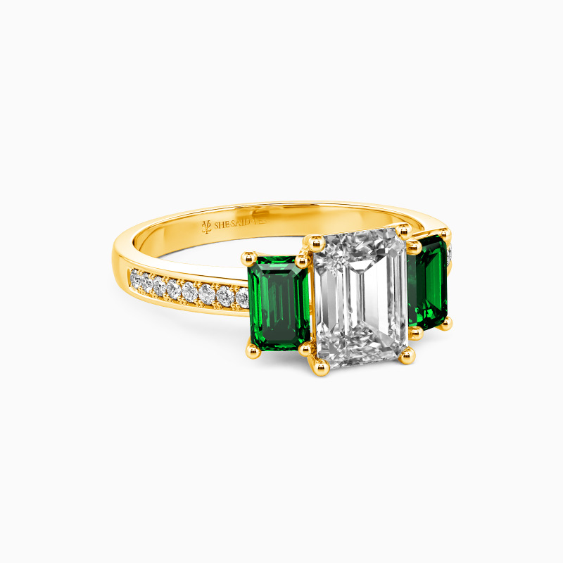 "Beloved Treasure" Emerald Cut Three Stone Engagement Ring