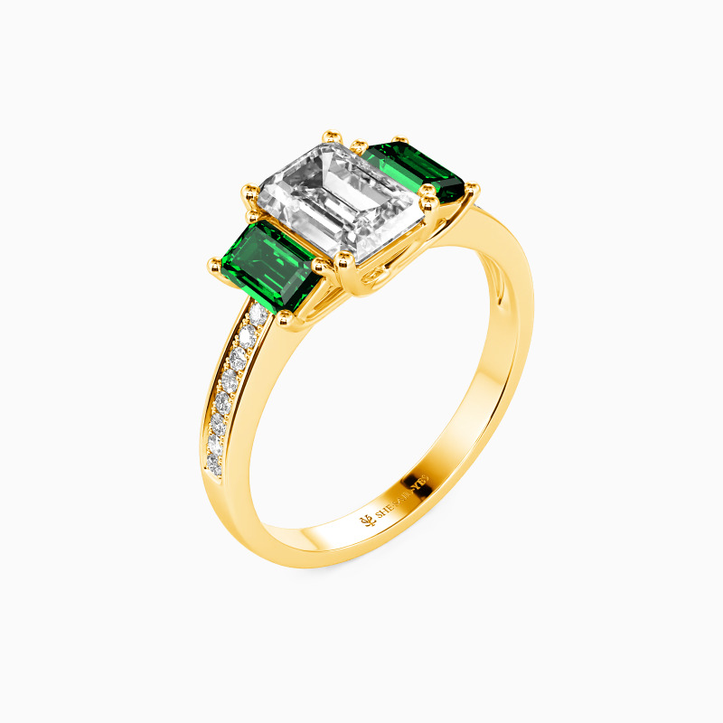 "Beloved Treasure" Emerald Cut Three Stone Engagement Ring