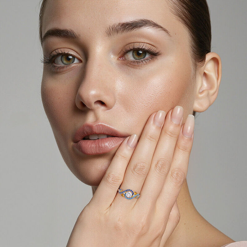 "The Starry Night" Round Cut Side Stone Engagement Ring