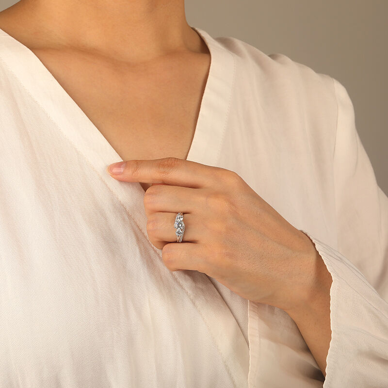 "With Love Stand By" Round Cut Three Stone Engagement Ring