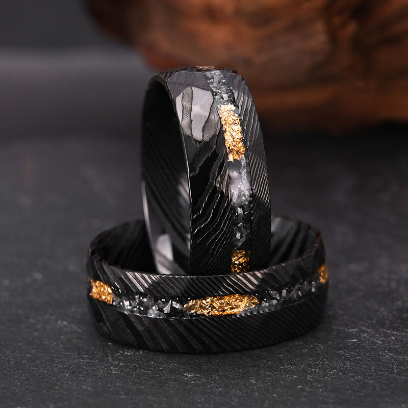 "Cosmic Whisper" 8mm Damascus Steel with Meteorite Men's Wedding Ring