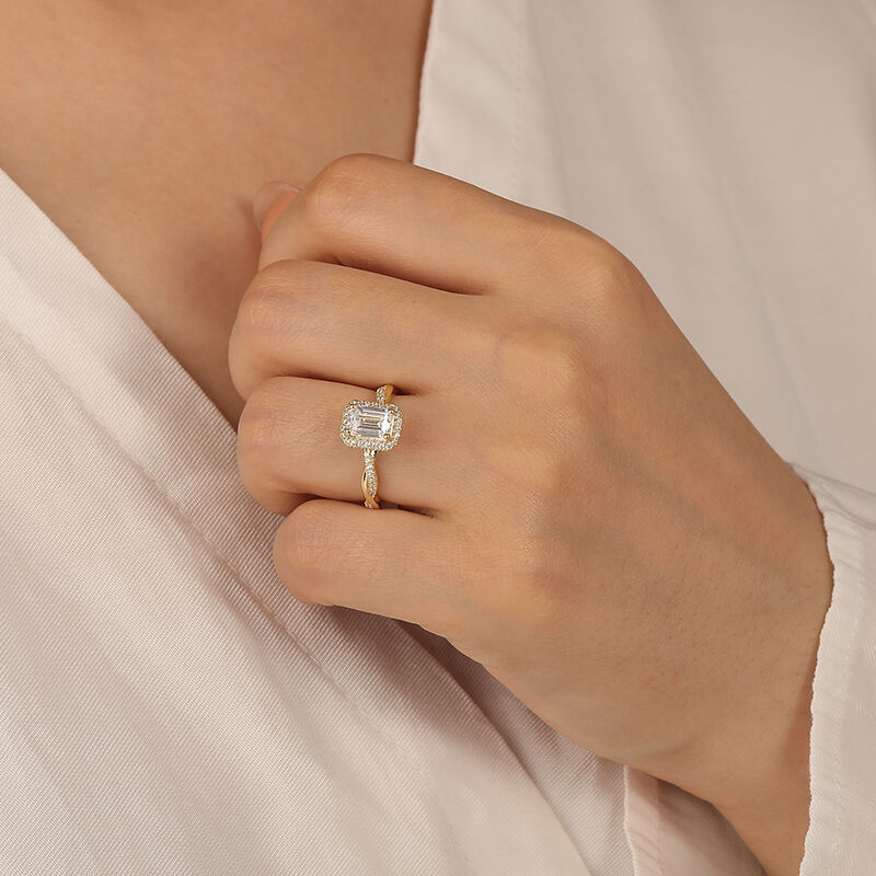 "Our Treasured Moment" Emerald Cut Halo Engagement Ring