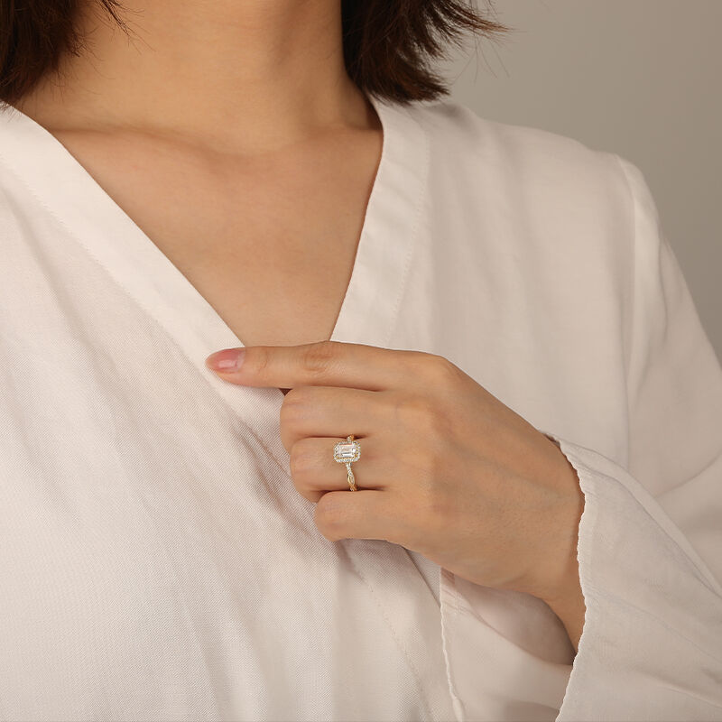 "Our Treasured Moment" Emerald Cut Halo Engagement Ring