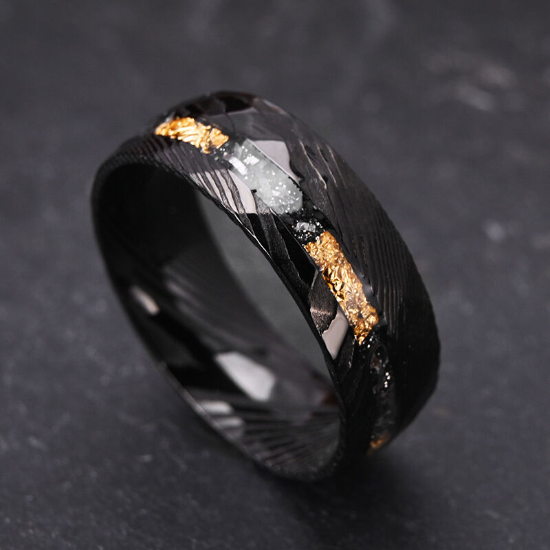 "Cosmic Whisper" 8mm Damascus Steel with Meteorite Men's Wedding Ring