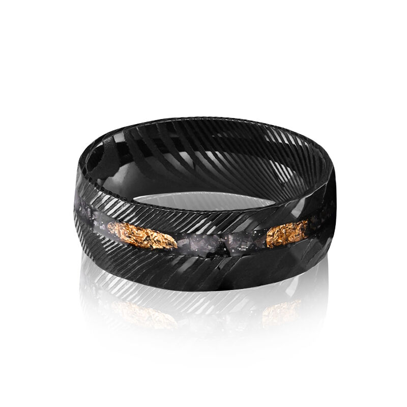"Cosmic Whisper" 8mm Damascus Steel with Meteorite Men's Wedding Ring