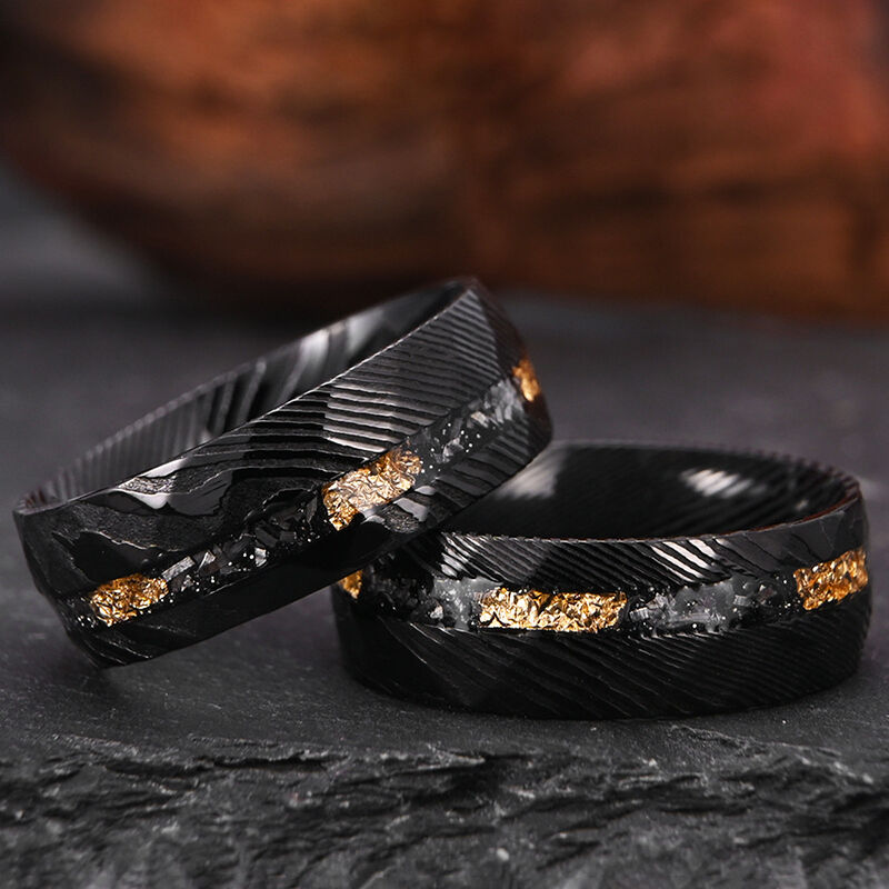 "Cosmic Whisper" 8mm Damascus Steel with Meteorite Men's Wedding Ring